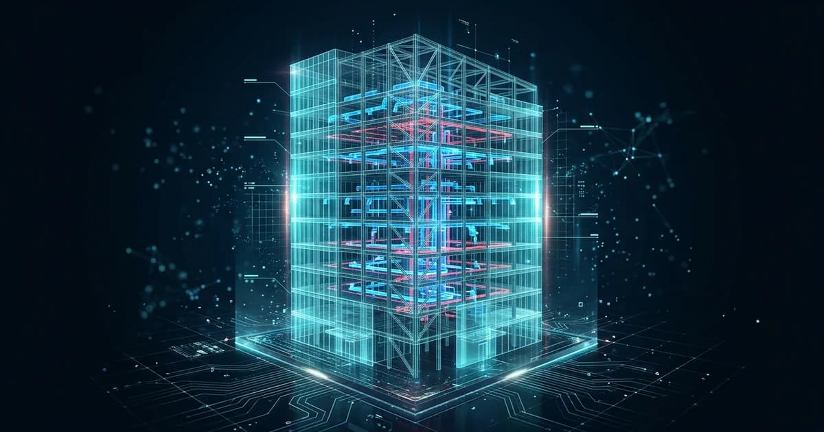 Digital 3D building model visualization on a computer screen showing architectural BIM design